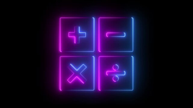 Neon glowing blue and violet color calculator math symbols on black background for digital display. 4k animation video..