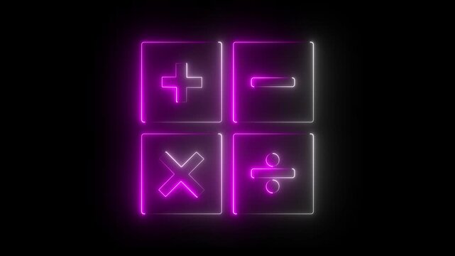 Neon glowing white and violet color calculator math symbols on black background for digital display. 4k animation video..