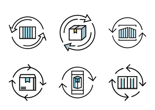 Concept of package recirculation using boxes and containers with arrows for movement