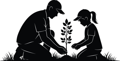 Silhouette illustration of adult and child planting tree together, environmental conservation, family teamwork, nature care, sustainability, education, flavector