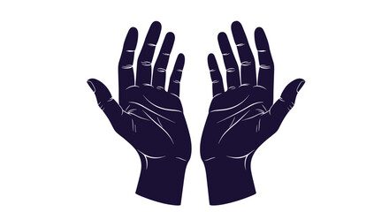 Obraz premium Symmetrical dark blue silhouette of two open human hands held upwards in a gesture of receiving, giving, or prayer.