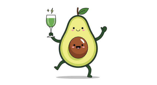 Cheerful cartoon avocado character holding a glass of healthy green juice and dancing with a joyful and happy expression.
