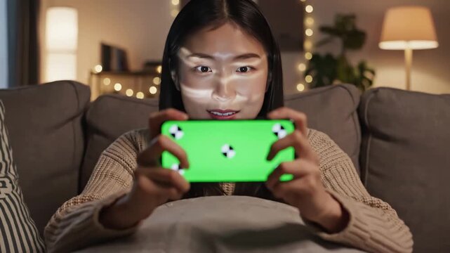 Green Screen girl using smartphone with in living room watching movie video content young woman at home lying on couch tracking markers smart phone a horizontal position indoors closeup scene 1