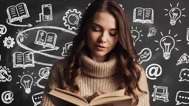 Young woman reading a book with chalk drawings of ideas and symbols on a blackboard