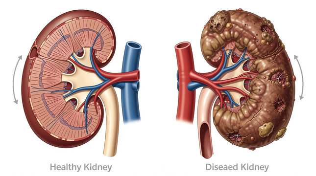 Comparison of a healthy kidney and a diseased kidney showing structural differences, damage, and abnormalities in the diseased organ