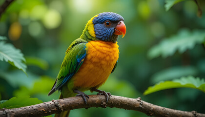 Obraz premium Vibrant rainbow lorikeet bird with brilliant blue head and orange chest perches attentively upon a thick tree branch amidst dense green jungle foliage.