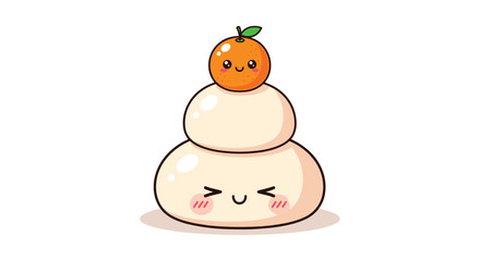 Fototapeta premium Traditional Japanese Kagami Mochi rice cakes topped with a cute orange character on a plain white background for New Year celebrations.