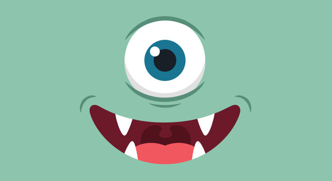 Close up of a green one eyed monster face with a wide toothy grin and sharp fangs in a fun and colorful flat cartoon illustration style.