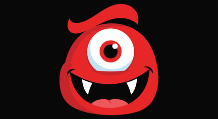Friendly red one eyed monster character face with a big wide smile and sharp white teeth against a solid black background for kids.
