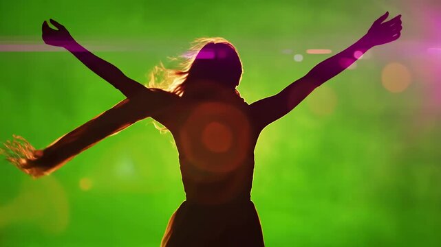 Green Screen silhouette young caucasian woman standing on the top of a mountain or roof watching sunset with beautiful landscape background chroma key scene 4 distortion, overlay, glitch, static