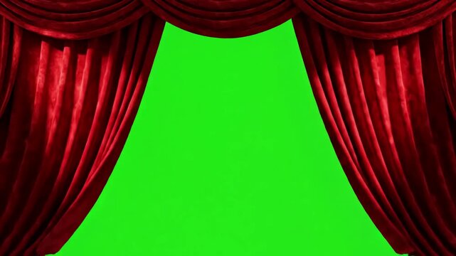 Green Screen red velvet theater curtains in motion opening and closing with chroma key scene 2 distortion, overlay, glitch, static noise, scan lines on black background, 4k animated video loop