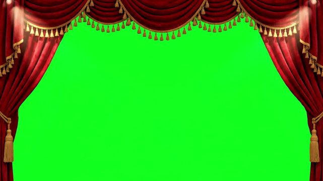 Green Screen red velvet theater curtains in motion opening and closing with chroma key scene 3 distortion, overlay, glitch, static noise, scan lines on black background, 4k animated video loop