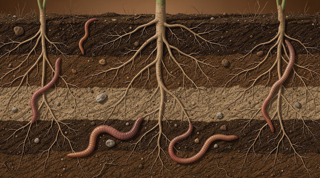 Cross-section of soil showing earthworms and plant roots interacting in different soil layers with rocks and organic matter