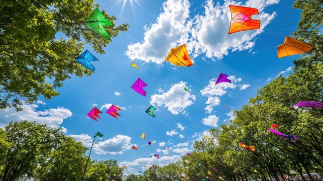 Vibrant Kites Soaring High in a Sunny Outdoor Park