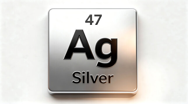 Silver element tile with atomic number 47 and symbol Ag displayed on a shiny metallic square background, representing the periodic table of elements