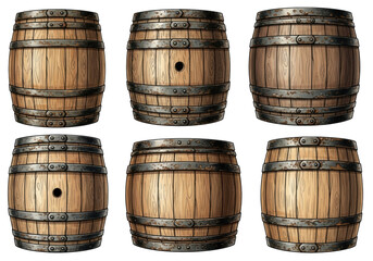 Obraz premium detailed traditional watercolor illustration of six rustic oak aging casks with weathered metal bands and rich wood grain, isolated on a stark white background. vintage brewing aesthetic