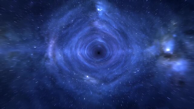 Cosmic voyage through a vibrant blue wormhole toward an unknown destination