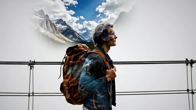 Man with backpack superimposed on mountain landscape