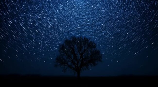 A lone tree silhouetted against a night sky full of swirling star trails