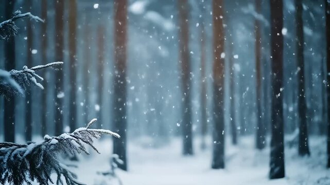 Snow-covered evergreen branch in foreground with snowfall in a blurred pine forest, cold blue tones, soft light