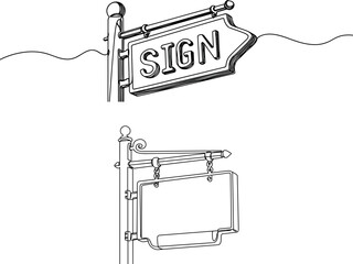 Fototapeta premium Linear style illustration of a hanging signboard on a post with decorative details, on a transparent background