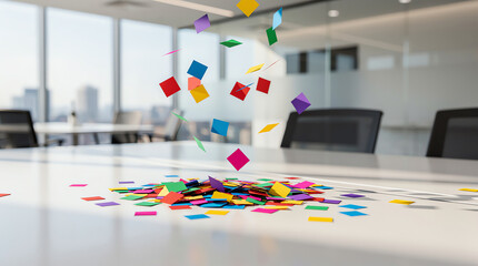 Fototapeta premium Colorful confetti falling onto a white conference table in a modern office with large windows and cityscape in the background, suggesting celebration or achievement