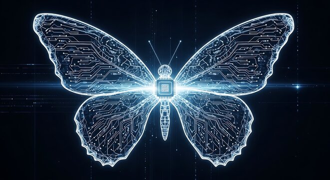 Glowing circuit butterfly with microchip core.