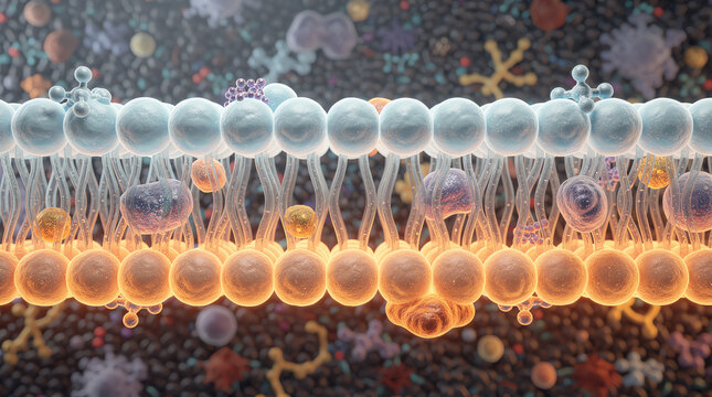 3D illustration of a cell membrane showing a bilayer of lipid molecules with embedded proteins and molecules, highlighting cellular structure and molecular interactions