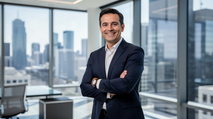 Fototapeta premium Confident businessman in a navy suit smiles with arms crossed in a modern office overlooking a city skyline through large windows on a bright day