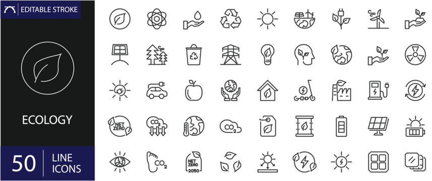 Ecology icons set. Includes symbols of nature, ecosystems, plants, wildlife, recycling, and environmental protection. Editable stroke. Vector illustration. Outline icons. Perfect for environment.