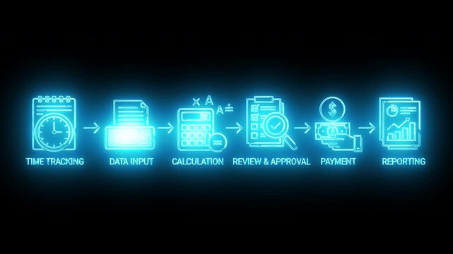 Neon-lit infographic depicting a workflow process with icons for time tracking, gas input, calculation, review and approval, payment, and reporting on a black background with a futuristic