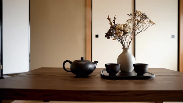 Serene setting with teapot, cups, and dried flowers on a wooden table