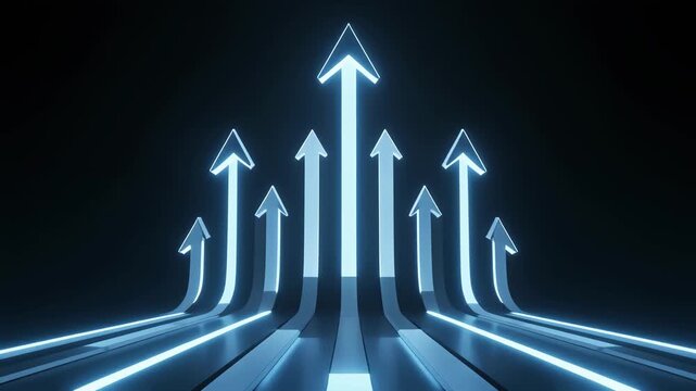 Glowing blue arrows rising forward on glossy dark surface, futuristic upward motion and growth concept
