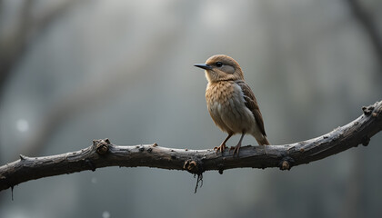 Obraz premium Solitary small bird rests upon a dark, bare branch against a muted, hazy background suggesting a cold or foggy atmosphere outdoors.
