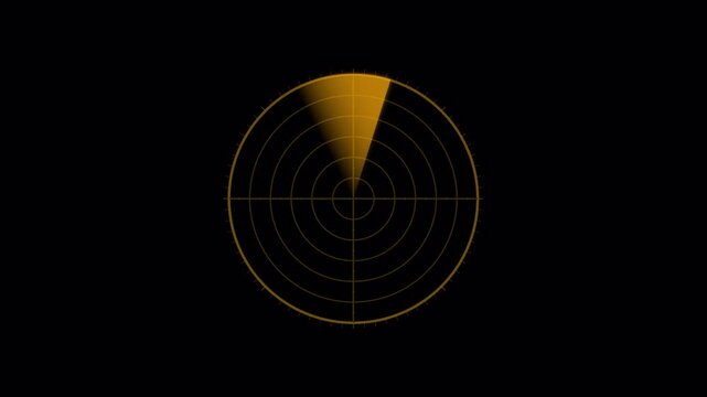 Orange neon radar scanner sweeping across circular grid interface on dark background. Futuristic monitoring display designed for sci fi HUD visuals. Seamless loop animation with alpha channel.