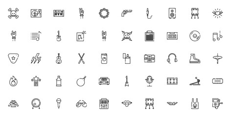 Rock concert icon set. Vector music symbols collection featuring skull, turntable, guitar, drums, headphones, microphone, vinyl, ticket and more. Editable thin line icons. © wang