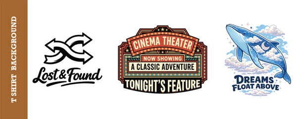 Vintageinspired tshirt design collection featuring a lost and found logo a classic cinema theater marquee and a whimsical whale illustration floating among clouds © jubayer95