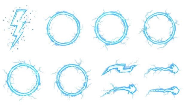 A set of blue electric lightning bolt vector graphics and circle illustrations