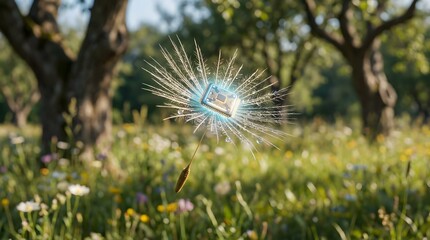 Obraz premium Illuminated microchip resting upon a floating dandelion seed head symbolizes bio-tech evolution in nature