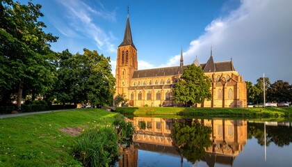 Fototapeta premium A serene church by a pond with trees and a blue sky