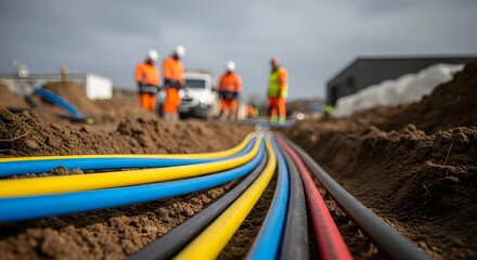 Workers laying underground colourful cables in a trench.