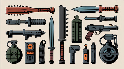 Fototapeta premium Collection of various weapons and military tools on beige background