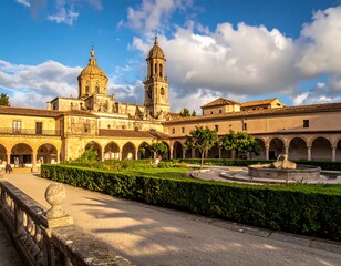 Naklejka premium A serene courtyard with a large building and tower