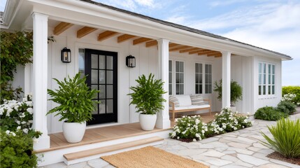Naklejka premium Modern white farmhouse exterior with inviting porch