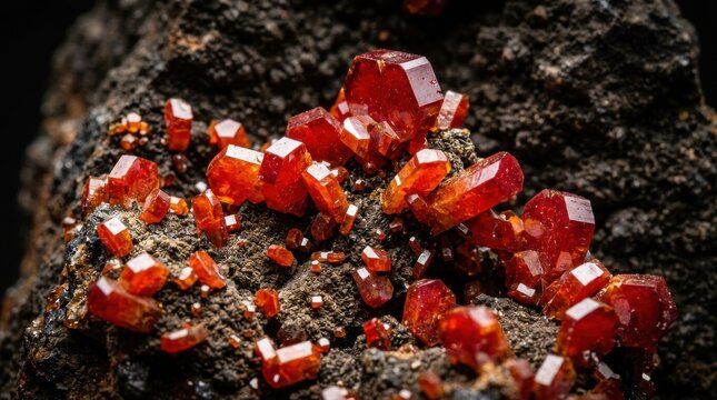 Close-up view of vibrant red hexagonal prismatic vanadinite crystals clustered on dark rock formation