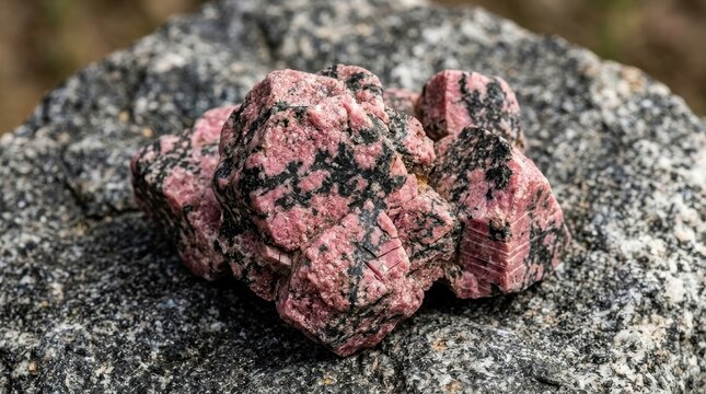 Closeup of rough pink and black marbled rhodonite crystal clusters showcasing intricate natural mineral formations.
