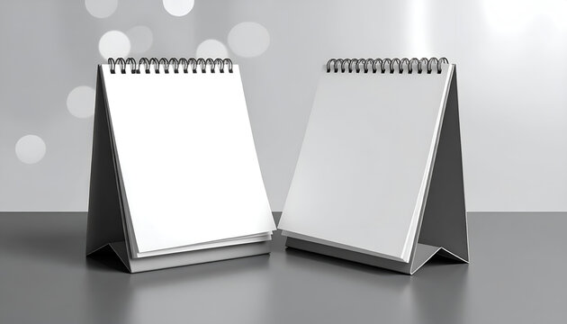 Two Blank Desk Calendars Standing Upright on Grey Table