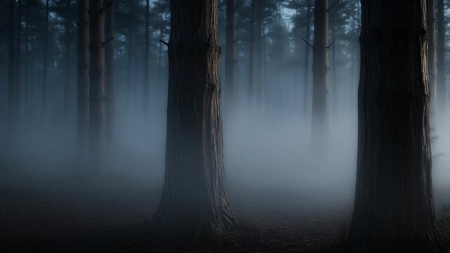 Mysterious fog lingers in a dense forest, casting an eerie and haunting atmosphere