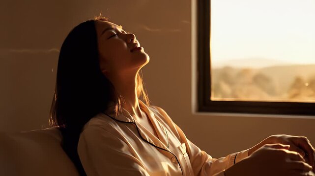 Woman enjoying sunrise in pajamas