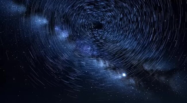Rotating star trails and cosmic dust in a dark and deep night sky